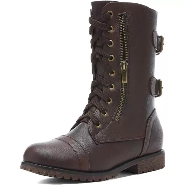 imageDREAM PAIRS Womens Winter Faux Fur Lined Mid Calf Riding Combat BootsBrown