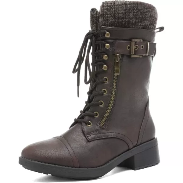 imageDREAM PAIRS Womens Winter Lace up Mid Calf Combat Riding Military BootsBrowna