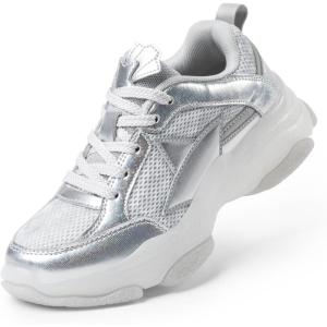 imageDREAM PAIRS Girls Sneakers Lace up Lightweight Sparkle StarGlow Breathable Jelly Sole Kids Walking Shoes Casual SportsSilver
