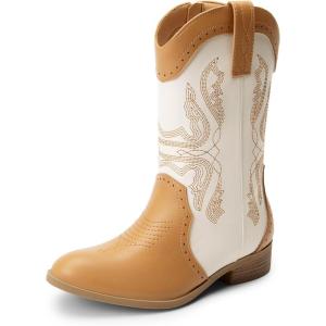 imageDREAM PAIRS Cowgirl Boots for Girls Boys Cowboy Boots Kids Western Embroidered Mid Calf Riding Shoes with Walking Heel ToddlerLittle KidBig KidBeigeCamel
