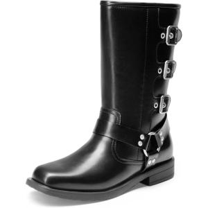 imageDREAM PAIRS Girls Boots Square Toe Knee High Motorcycle Booties with Buckles Riding Biker Boots Little KidBig KidBlack