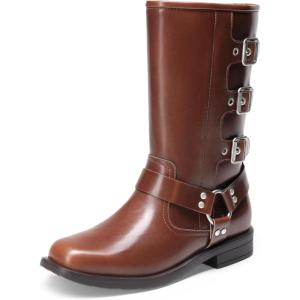 imageDREAM PAIRS Girls Boots Square Toe Knee High Motorcycle Booties with Buckles Riding Biker Boots Little KidBig KidBrown