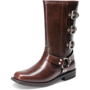 imageDREAM PAIRS Girls Boots Square Toe Knee High Motorcycle Booties with Buckles Riding Biker Boots Little KidBig KidDark Brown