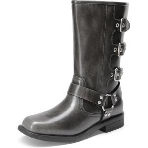 imageDREAM PAIRS Girls Boots Square Toe Knee High Motorcycle Booties with Buckles Riding Biker Boots Little KidBig KidDark Grey