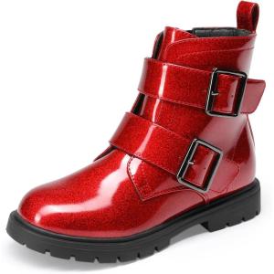 imageDREAM PAIRS Girls Boys Glitter Ankle Boots Side Zipper Combat Shoes with Buckles ToddlerLittle KidBig KidRed