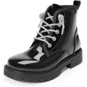 imageDREAM PAIRS Girls Boys Glitter Ankle Boots Side Zipper Combat Shoes with Lace Up for ToddlerLittle KidBig KidBlackpat