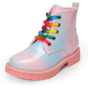 imageDREAM PAIRS Girls Boys Glitter Ankle Boots Side Zipper Combat Shoes with Lace Up for ToddlerLittle KidBig KidRainbowPink