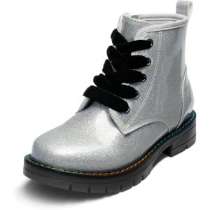 imageDREAM PAIRS Girls Boys Glitter Ankle Boots Side Zipper Combat Shoes with Lace Up for ToddlerLittle KidBig KidSilverPu