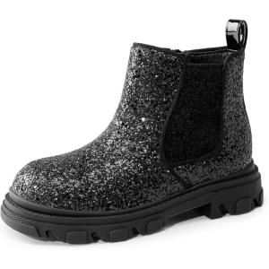 imageDREAM PAIRS Girls Chelsea Boots Side Zipper Lug Sole Ankle Booties ToddlerLittle KidBig KidBlackglitter