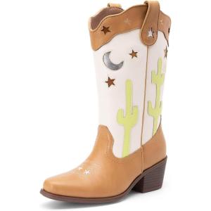 imageDREAM PAIRS Girls Cowboy Boots Cowgirl Mid Calf Western Boots with Low Heel Square Toe for Little KidBig KidBeigeTan