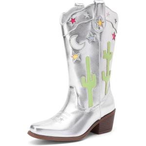 imageDREAM PAIRS Girls Cowboy Boots Cowgirl Mid Calf Western Boots with Low Heel Square Toe for Little KidBig KidSilver