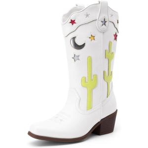 imageDREAM PAIRS Girls Cowboy Boots Cowgirl Mid Calf Western Boots with Low Heel Square Toe for Little KidBig KidWhite