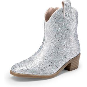 imageDREAM PAIRS Girls Cowgirl Cowboy Rhinestone Boots Ankle Low Heel Dress BootiesSilver