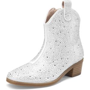 imageDREAM PAIRS Girls Cowgirl Cowboy Rhinestone Boots Ankle Low Heel Dress BootiesWhite