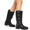 imageDREAM PAIRS Womens Knee High Riding Boots Slip On Motorcycle Boots Square Toe Chunky Heel Fashion Buckles Biker BootsBlackzipper