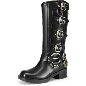 imageDREAM PAIRS Womens Knee High Riding Boots Slip On Motorcycle Boots Square Toe Chunky Heel Fashion Buckles Biker BootsBlack