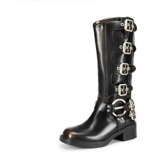 imageDREAM PAIRS Womens Knee High Riding Boots Slip On Motorcycle Boots Square Toe Chunky Heel Fashion Buckles Biker BootsBlackBrown
