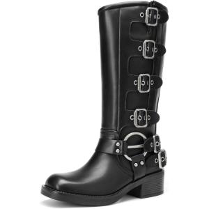imageDREAM PAIRS Womens Knee High Riding Boots Slip On Motorcycle Boots Square Toe Chunky Heel Fashion Buckles Biker BootsBlackzipper