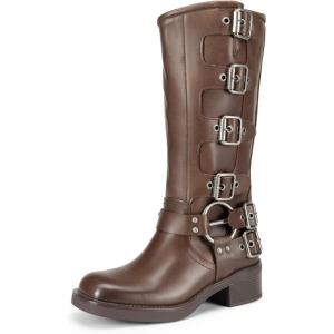 imageDREAM PAIRS Womens Knee High Riding Boots Slip On Motorcycle Boots Square Toe Chunky Heel Fashion Buckles Biker BootsTan