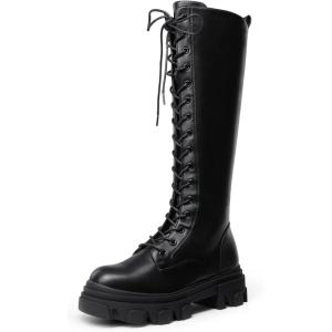 imageDREAM PAIRS Knee High Boots Women Fashion Combat Boots Chunky Platform Lace Up Lug Sole Boots For WomenBlackPu