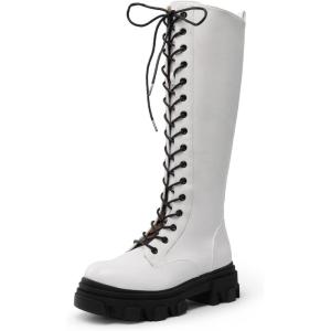 imageDREAM PAIRS Knee High Boots Women Fashion Combat Boots Chunky Platform Lace Up Lug Sole Boots For WomenWhitePu