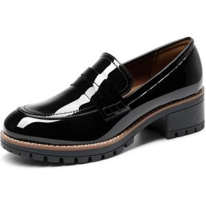 imageDREAM PAIRS Womens Platform Chunky Heeled Loafers Womens Business Casual ShoesBlack Pat