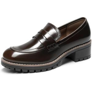 imageDREAM PAIRS Womens Platform Chunky Heeled Loafers Womens Business Casual ShoesBrown Pu
