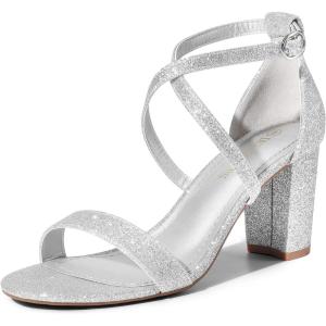imageDREAM PAIRS Womens Ankle Strap Dress Low Chunky Block Open Toe Heel Sandals for Party WeddingSilverglitter