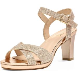 imageDREAM PAIRS Womens Chunky Heels Open Toe Ankle Strap Sparkly Heels Pump SandalsChampagneGlitter