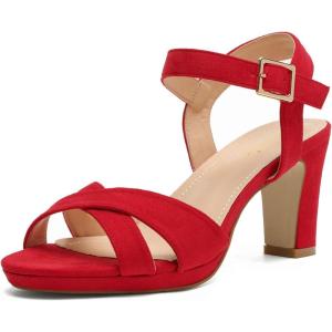imageDREAM PAIRS Womens Chunky Heels Open Toe Ankle Strap Sparkly Heels Pump SandalsRedSuede