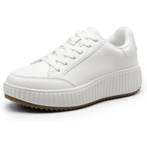 imageDREAM PAIRS Women Platform Chunky Lightweight Comfortable Casual Faux Leather LaceUp Dee Walking Fashion SneakersAll Whitepu