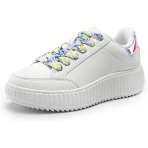 imageDREAM PAIRS Women Platform Chunky Lightweight Comfortable Casual Faux Leather LaceUp Dee Walking Fashion SneakersWhiteRainbowpu