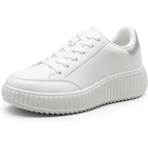 imageDREAM PAIRS Women Platform Chunky Lightweight Comfortable Casual Faux Leather LaceUp Dee Walking Fashion SneakersWhiteSilver