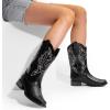 imageDREAM PAIRS Womens Square Toe Cowboy Cowgirl Boots Pull On Low Chunky Heel Mid Calf Western Boots with Embroidered Stitched for Theme Party Country ConcertBlack1