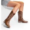 imageDREAM PAIRS Womens Square Toe Cowboy Cowgirl Boots Pull On Low Chunky Heel Mid Calf Western Boots with Embroidered Stitched for Theme Party Country ConcertBrown1