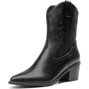 imageDREAM PAIRS Womens Cowboy Boots Pointed Toe Chunky Heel Cowgirl Boots Zipper PullOn Stitched Western Boots Ankle Boots for LadiesBlack