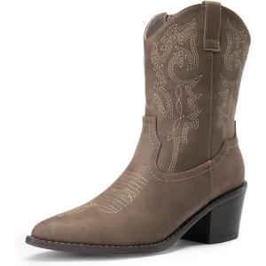 imageDREAM PAIRS Womens Cowboy Boots Pointed Toe Chunky Heel Cowgirl Boots Zipper PullOn Stitched Western Boots Ankle Boots for LadiesBrownpu