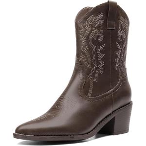 imageDREAM PAIRS Womens Cowboy Boots Pointed Toe Chunky Heel Cowgirl Boots Zipper PullOn Stitched Western Boots Ankle Boots for LadiesDark Brown