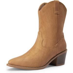imageDREAM PAIRS Womens Cowboy Boots Pointed Toe Chunky Heel Cowgirl Boots Zipper PullOn Stitched Western Boots Ankle Boots for LadiesKhakipu