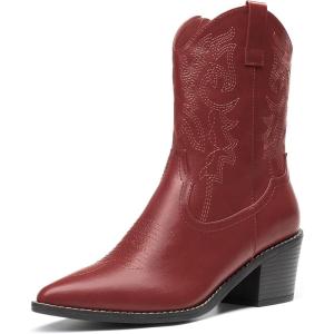 imageDREAM PAIRS Womens Cowboy Boots Pointed Toe Chunky Heel Cowgirl Boots Zipper PullOn Stitched Western Boots Ankle Boots for LadiesRed