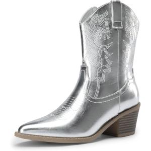 imageDREAM PAIRS Womens Cowboy Boots Pointed Toe Chunky Heel Cowgirl Boots Zipper PullOn Stitched Western Boots Ankle Boots for LadiesSilverpu