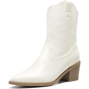 imageDREAM PAIRS Womens Cowboy Boots Pointed Toe Chunky Heel Cowgirl Boots Zipper PullOn Stitched Western Boots Ankle Boots for LadiesWhite