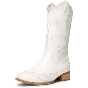 imageDREAM PAIRS Womens Square Toe Cowboy Cowgirl Boots Pull On Low Chunky Heel Mid Calf Western Boots with Embroidered Stitched for Theme Party Country ConcertWhite