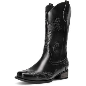 imageDREAM PAIRS Womens Square Toe Cowboy Cowgirl Boots Pull On Low Chunky Heel Mid Calf Western Boots with Embroidered Stitched for Theme Party Country ConcertBlack