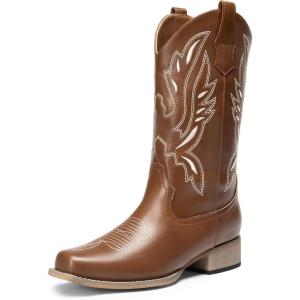 imageDREAM PAIRS Womens Square Toe Cowboy Cowgirl Boots Pull On Low Chunky Heel Mid Calf Western Boots with Embroidered Stitched for Theme Party Country ConcertBrown1