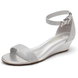 imageDREAM PAIRS Womens Ingrid Ankle Strap Low Wedge SandalSilverPlaid