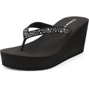 imageDREAM PAIRS Womens Platform Flip Flop Rhinestones Arch Support Comfortable Soft Cushion Wedge Flip Flops Summer Thong SandalsBlack