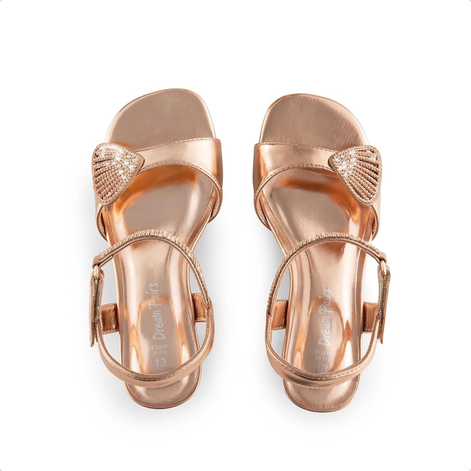 imageDREAM PAIRS Girls Sandals Ankle Strap Square Toe Low Heel Crystal Shell Wedding Party Flower Dress Shoes for Little KidsBig KidsChampagnerhinestone