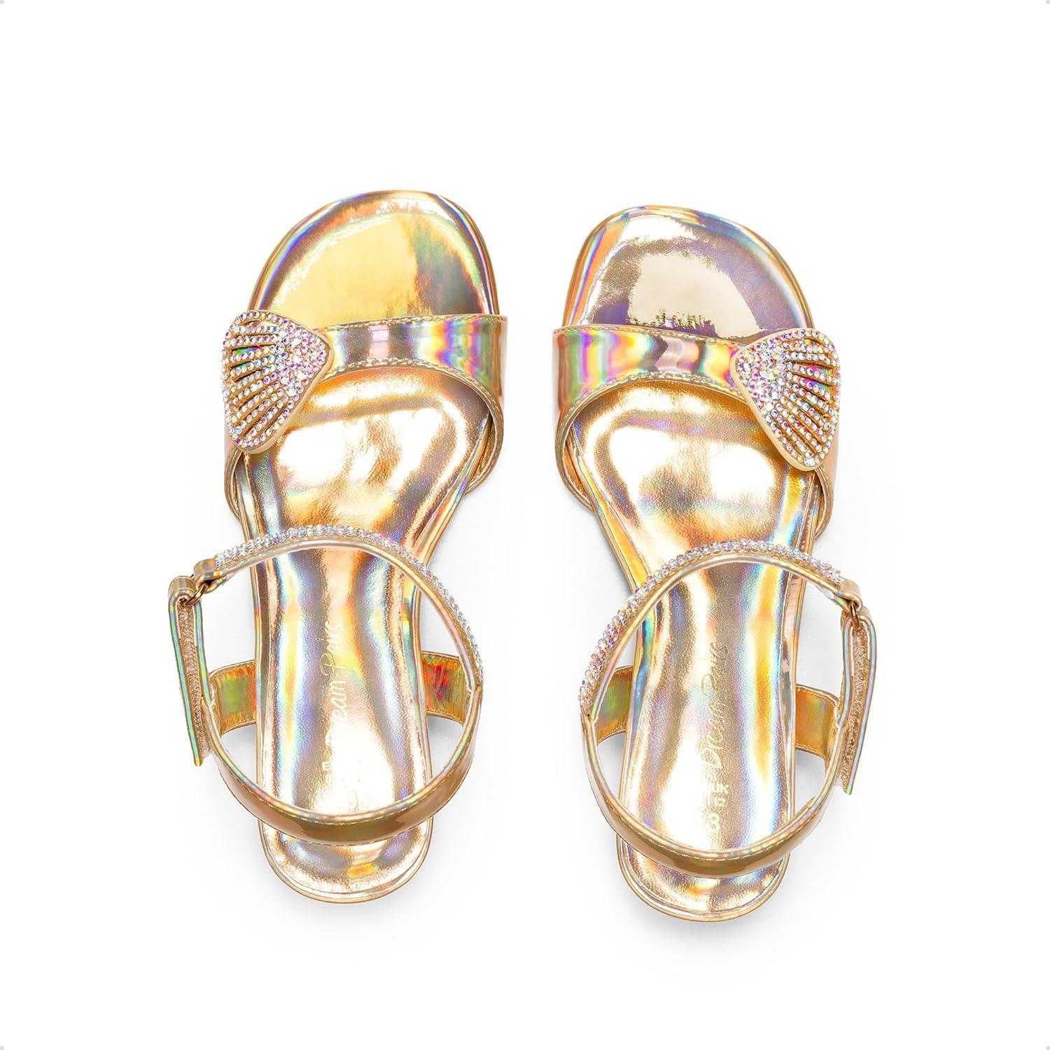imageDREAM PAIRS Girls Sandals Ankle Strap Square Toe Low Heel Crystal Shell Wedding Party Flower Dress Shoes for Little KidsBig KidsGold
