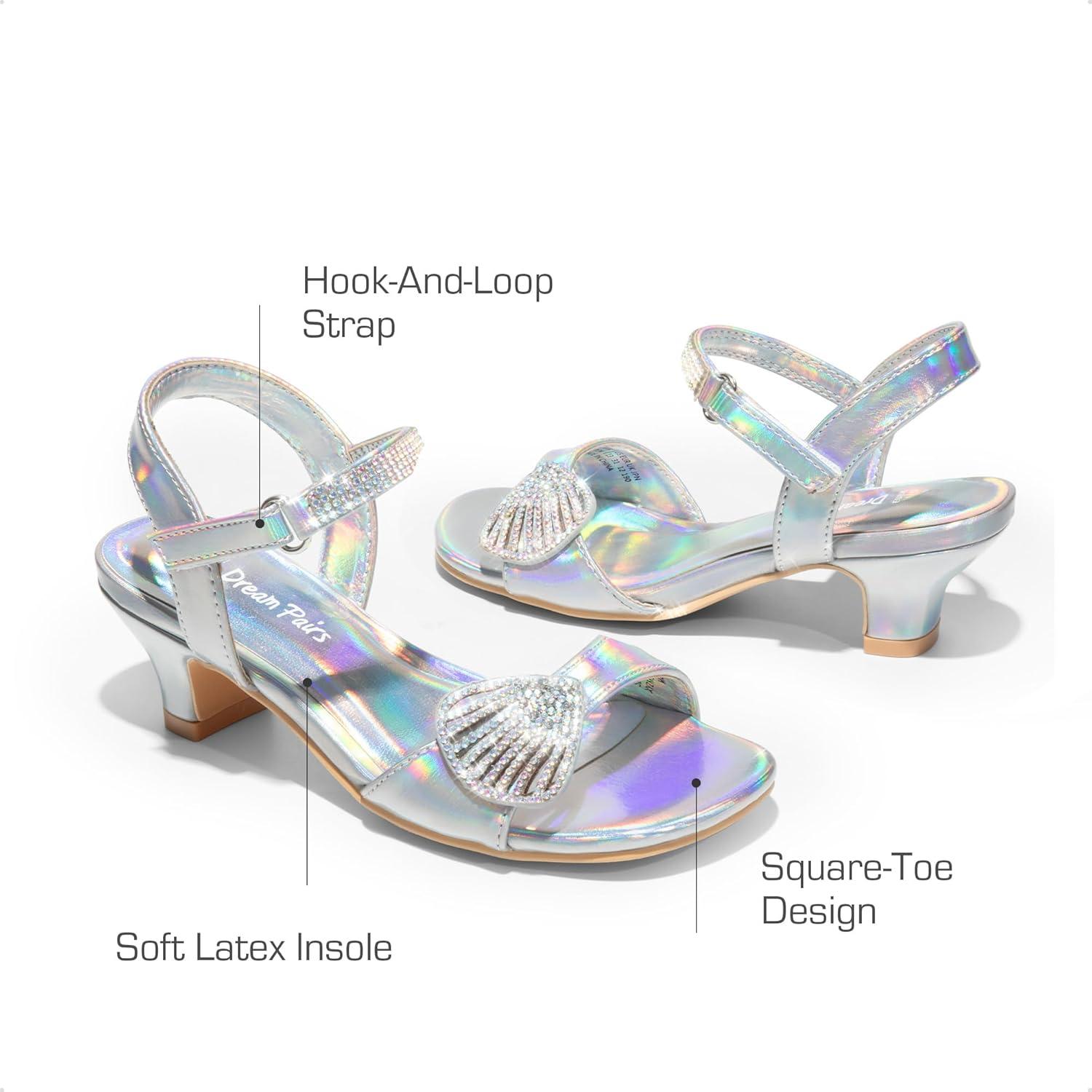 imageDREAM PAIRS Girls Sandals Ankle Strap Square Toe Low Heel Crystal Shell Wedding Party Flower Dress Shoes for Little KidsBig KidsRainbowSilver